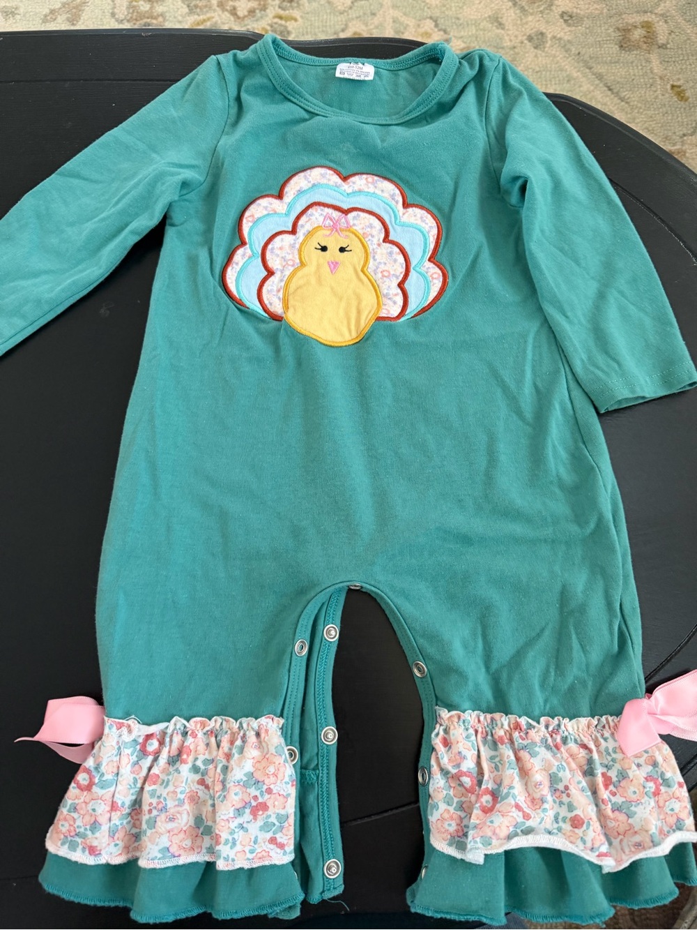 Teal Baby Romper with Chick Applique and Floral Ruffle